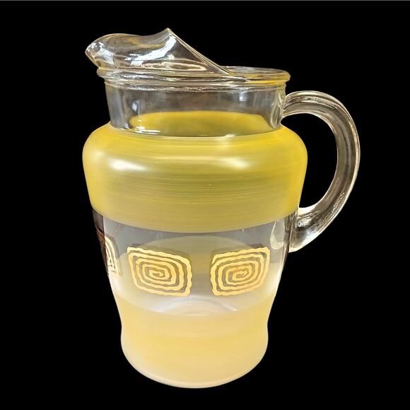 Vintage Frosted Yellow & Gold 80oz Water Lemonade Glass Pitcher 9-1/8"h MCM - Picture 4 of 7